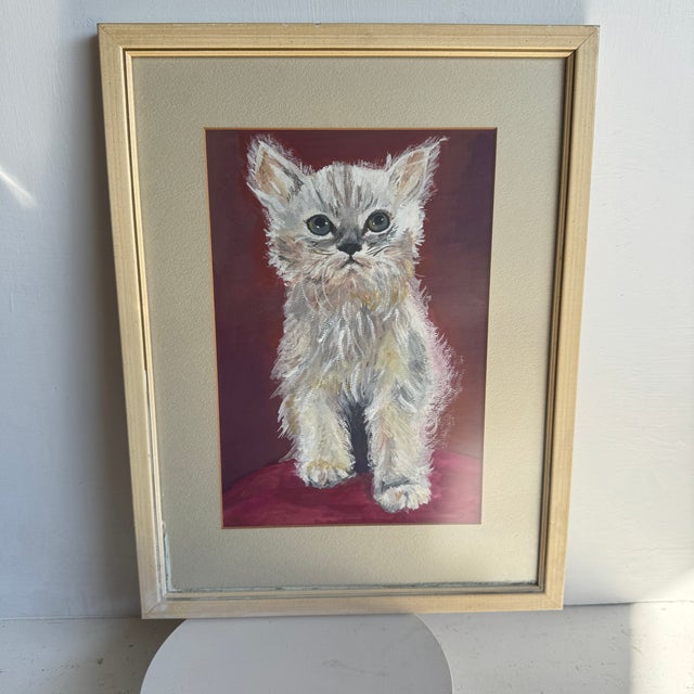 Mid-Century Modern Mid 20th Century Acrylic Painting of White Cat, Framed. For Sale - Image 3 of 6