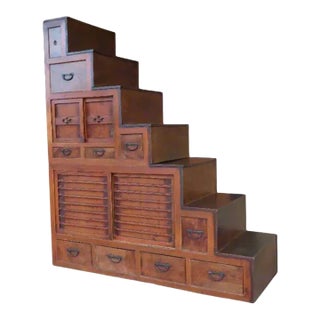 Antique Meiji 7 Step Japanese Elm Wood Tansu Chest For Sale