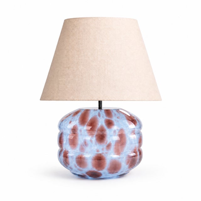Hand-Blown Glass Table Lamp with Linen Shade in Azure Speckled by Svitanok For Sale - Image 4 of 4
