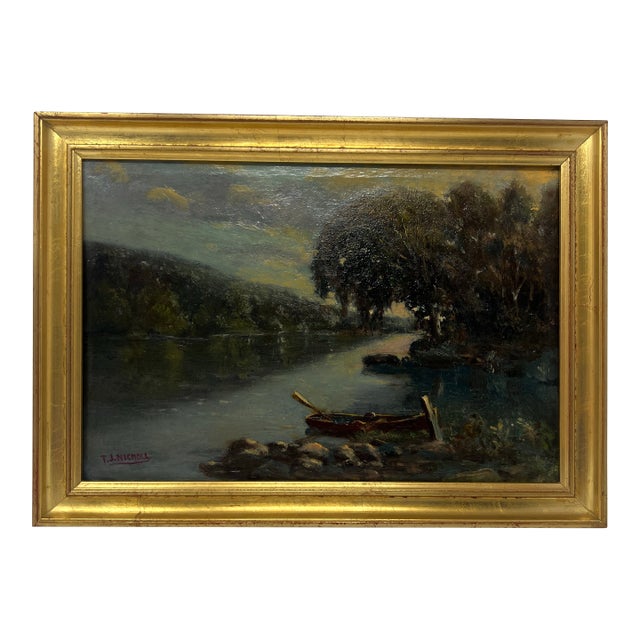 Early 20th Century Tonalist River Landscape Oil Painting by T. J. Nicmoll For Sale
