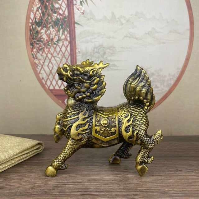 Bronze Pair of Gilt Bronze Qilin Statues – 5.1" Mythical Beast Figures With Scale Detail For Sale - Image 8 of 8