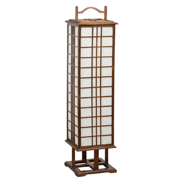 Brown Vintage Tall Japanese Square Rice Paper Panel Table Lamp For Sale - Image 8 of 12