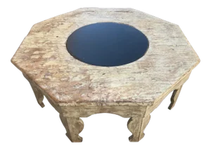 Distressed Moroccan-Style Painted Wood Octagonal Coffee Table With Removable Black Slate Insert – Early 20th Century