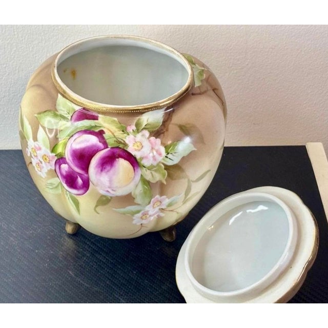 Japanese Antique Nippon Biscuit Jar (Hand-Painted Plums, Gilt Trim, C. 1911–1921) For Sale - Image 3 of 8
