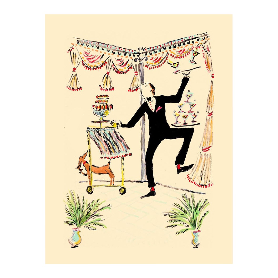 Dog on the Martini Cart Original Contemporary Figurative Print by Pauline De Roussy De Sales