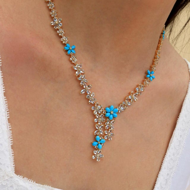 Nina Zhou Jewelry Nina Zhou Serenity Aquamarine Turquoise Diamond Statement Necklace in 14k Yellow Gold For Sale - Image 4 of 11