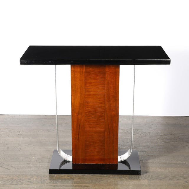 Art Deco Machine Age Console Table in Walnut, Lacquer & Banded Nickeled Supports For Sale - Image 11 of 12