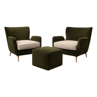 Armchairs with Pouf in Caviúna Wood, Mohair & Bouclé by Carlo Hauner, Brazil, 1950s — Lot 209D For Sale
