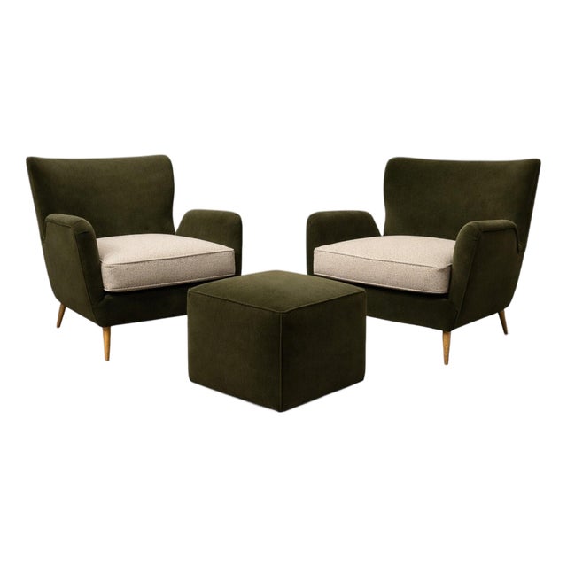 Armchairs with Pouf in Caviúna Wood, Mohair & Bouclé by Carlo Hauner, Brazil, 1950s — Lot 209D For Sale