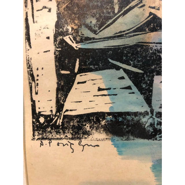 Mid-Century Modern Stefan Alexander, Abstract with Figures Israeli Mid Century Modernist Woodcut Watercolor Painting For Sale - Image 3 of 6