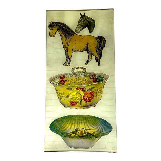 2000s John Derian Signed Decoupage Glass Horse & Antique Serving Ware Tray For Sale