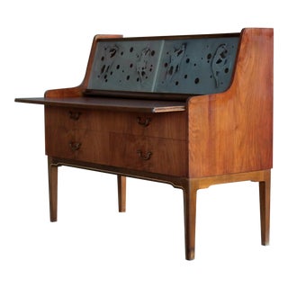 Danish Mid Century Modern Petite Vanity Desk with Glass Etchings For Sale