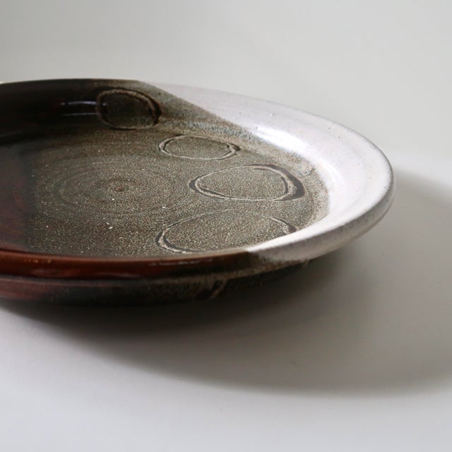 Mid Century Modern 1977 Studio Pottery Plate in Two-Tone Glaze With Circular Impressions For Sale - Image 10 of 14
