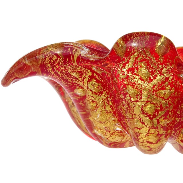 Mid-Century Modern Murano Barovier Toso Vintage Bright Red Gold Flecks Control Bubbles Italian Art Glass Ashtray Bowl For Sale - Image 3 of 9