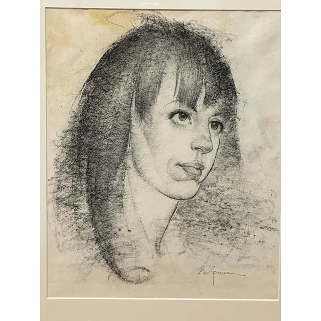 Mid-Century Modern Black and White Charcoal Portrait of a Woman by Max Turner For Sale - Image 3 of 6