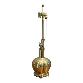 Mid-Century Asian Modern Solid Brass Foo Dog on Ginger Jar Table Lamp by Marbro For Sale