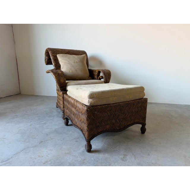 1990s Vintage Coastal Organic Sculptural Tall Roll-Back Rattan Lounge Chair With Ottoman For Sale - Image 5 of 12