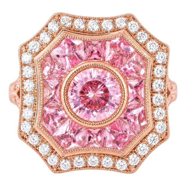 1920s 14K Pink Rose Gold Art Deco Pink Tourmaline Hand Cut Pink Sapphire Diamond Ring, Size 6.5 For Sale
