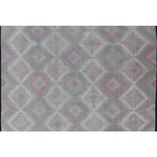 Vintage Turkish Kilim Rug With Geometric Diamond Design in Green and Pink 8 X 11 For Sale In Atlanta - Image 6 of 12