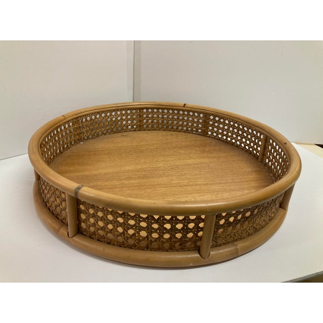 Tan Bamboo and Cane Round Serving Tray For Sale - Image 8 of 8