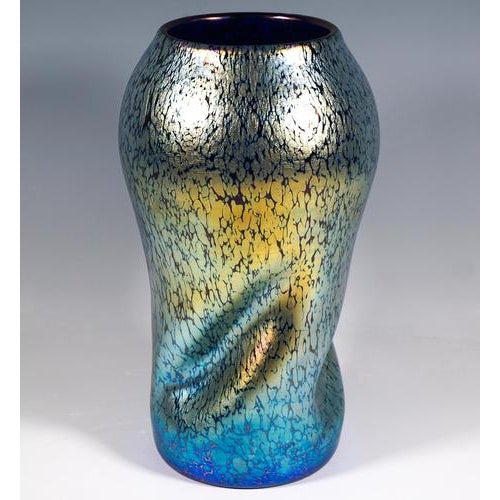 Exceptional Bohemian Art Nouveau glass vase: Blown into the shape of a large, widening body on a flush base, tapering to a...