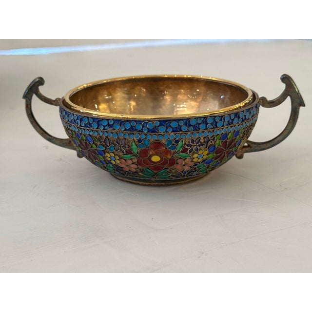 1900 - 1909 Silver Enameled Serving Bowl & Utensils -Set of 3 For Sale - Image 5 of 9