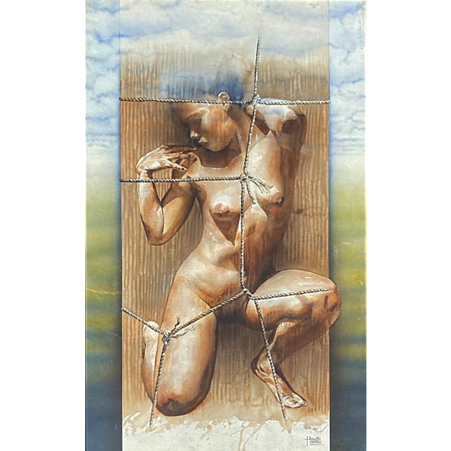 Hernán Sosa Nude Watercolor Painting on Paper Framed Under Glass Offered for sale is an original watercolor painting on...