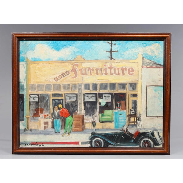 Contemporary Mid Century 1960 Oil on Board Painting Framed Used Furniture Vintage Car Realism Signed For Sale - Image 3 of 5