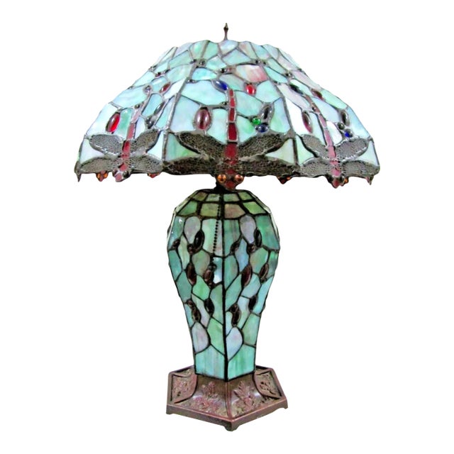 1980s Tiffany Style Dragonfly Stained Glass Body and Shade Dual Light Table Lamp For Sale