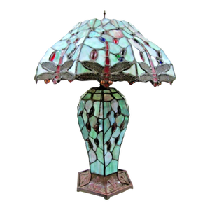 1980s Tiffany Style Dragonfly Stained Glass Body and Shade Dual Light Table Lamp