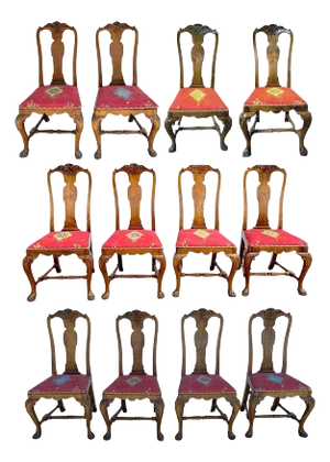 19th Century Set 12 English/Irish Queen Anne Style Walnut Upholstered Dining Chairs