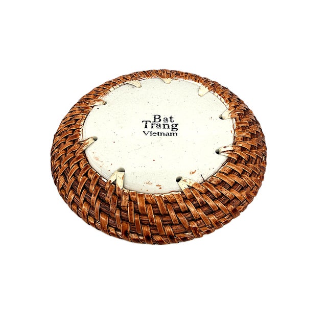 Asian Bat Trang Vietnam Rattan & Ceramic Coasters With Blue Lotus Floral Motif - Set of 6 For Sale In New York - Image 6 of 8