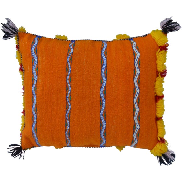Textile Vintage Moroccan Orange & Blue Stripes Wool Pillow For Sale - Image 7 of 10