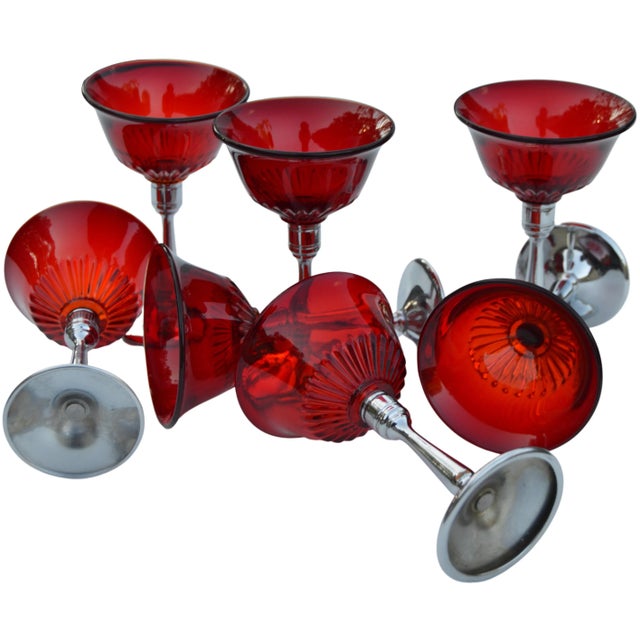 Mid 20th Century Vintage Red Glass & Silver Stemmed Goblets - Set of 7 For Sale - Image 5 of 7
