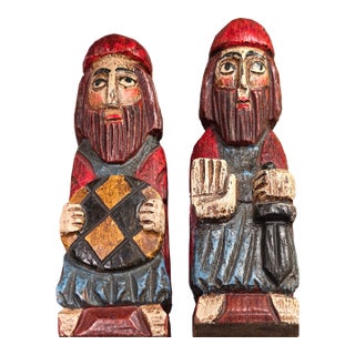 Mid 20th Century Pair of Hand Carved Wood Statues Folk Art Spanish Crusaders For Sale