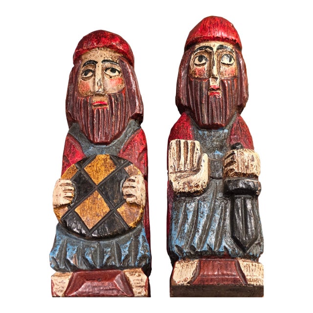 Mid 20th Century Pair of Hand Carved Wood Statues Folk Art Spanish Crusaders For Sale