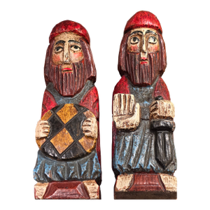 Mid 20th Century Pair of Hand Carved Wood Statues Folk Art Spanish Crusaders