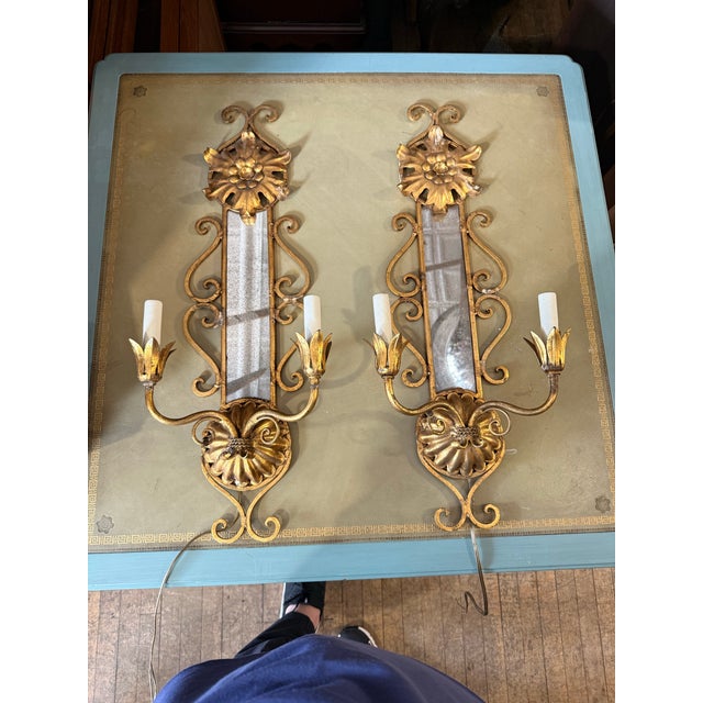 Metal Pair of Vintage Ornate Two Arm Golden Tone Gilt Metal Wall Sconces For Sale - Image 7 of 8