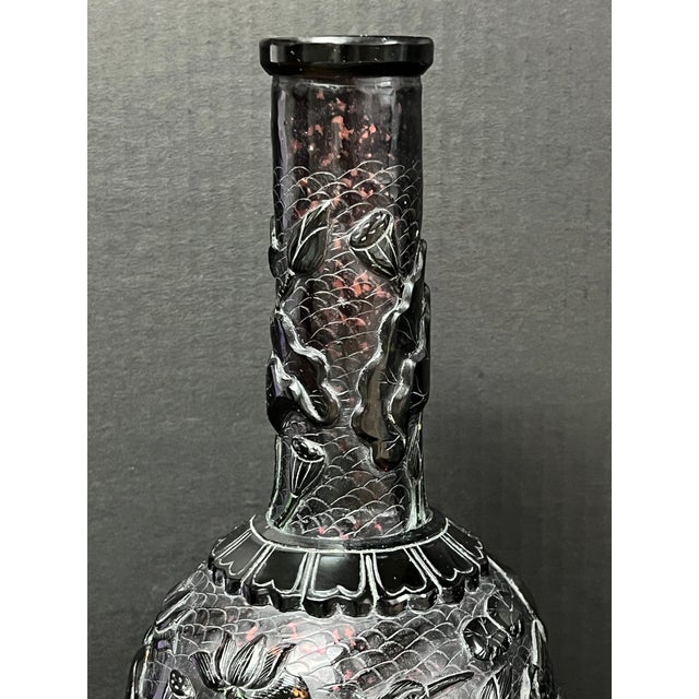 ITEM NAME: Chinese Art Dark Brown Peking Glass Overlay Bottleneck Vase with Birds And Floral Design ORIGIN: China AGES:...