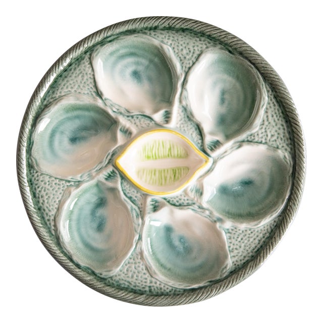 Antique French Saint Clément Majolica Blue Green & Yellow Lemon Wedge Oyster Plate For Sale