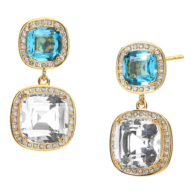 Syna Yellow Gold Blue Topaz and Rock Crystal Diamond Earrings, a Pair For Sale