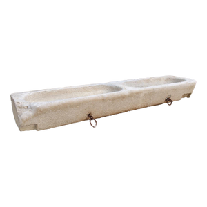 Antique French Double Basin Burgundy Limestone Trough With Iron Rings, C. 1850
