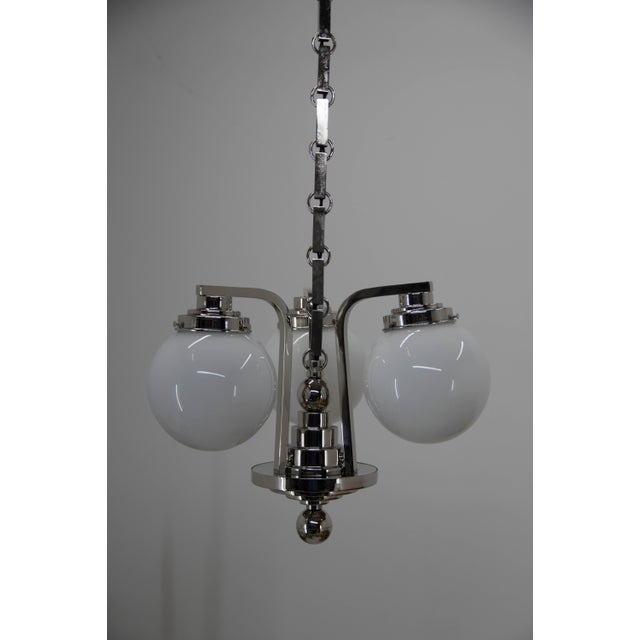 Beautiful art deco or rondo cubist chandelier. Completely restored: new nickel-plating, new glass. Rewired: 3 x 40w,...