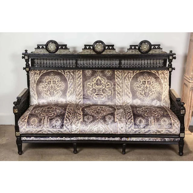 Middle Eastern Egyptian black settee with spindle and ball design with triple Moorish arches with mucharabie intricate and...