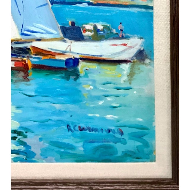 Late 20th Century Nautical Acrylic Painting, Signed Sailboats by Port in Spain, Framed, 38"w For Sale In Tulsa - Image 6 of 9
