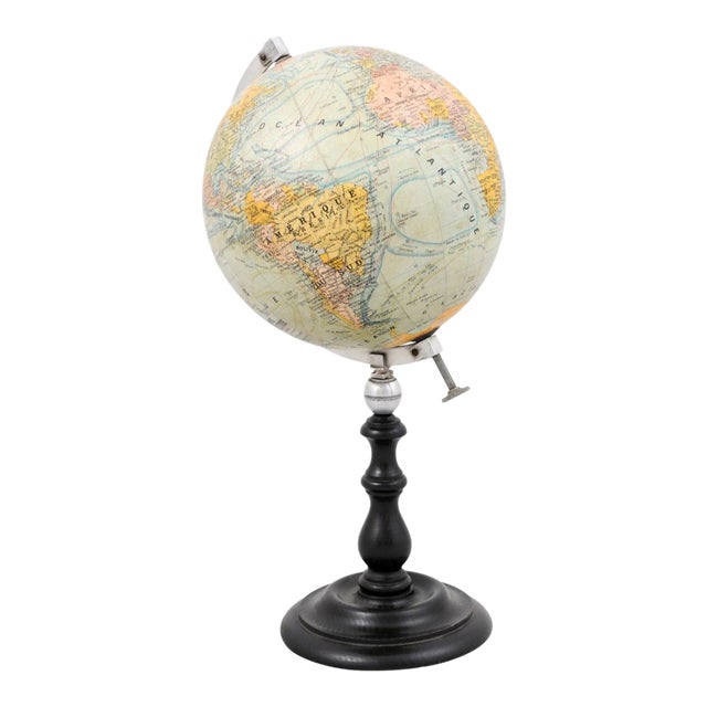 Small French 20th Century Terrestrial Globe on Turned Black Wooden Base For Sale