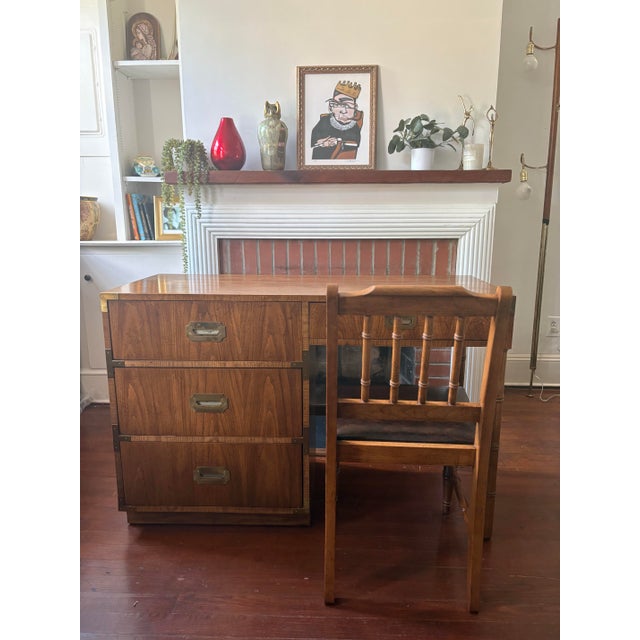 Matched Dixie Campaigner Desk & Chair Set, C. July 1978 — 767 Collection, Original Brass Hardware For Sale - Image 11 of 12