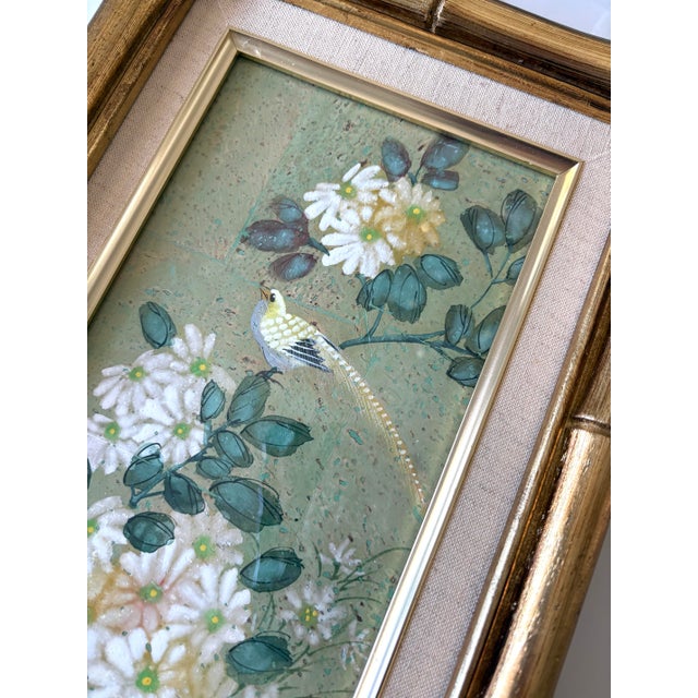 Gold Chinoiserie Floral Gold Faux Bamboo Wood Framed Artwork- A Pair For Sale - Image 8 of 10