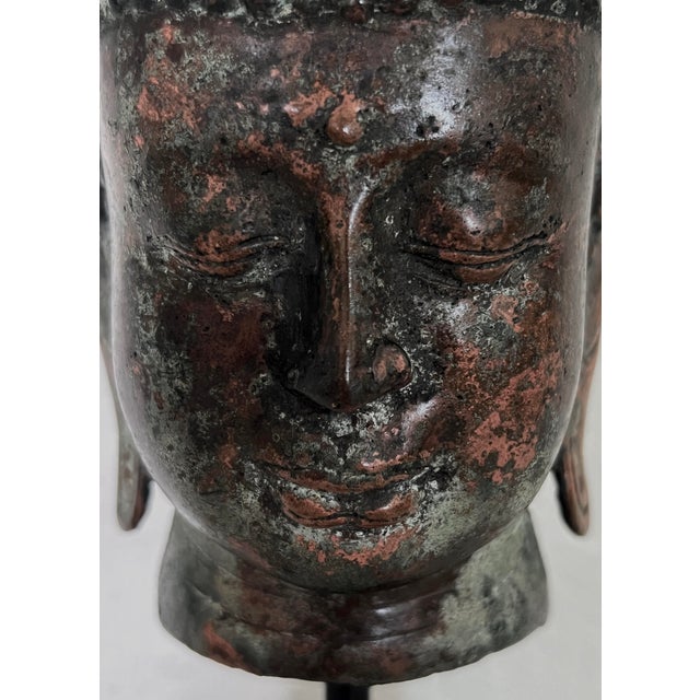 South East Asian Buddha Head Mounted on Square Black Pedestal For Sale - Image 10 of 11