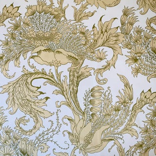 Free Spirit Vicki Payne Crewel Green & White Block Print Botanical Floral Leaf Fabric- 6.7 Yards For Sale